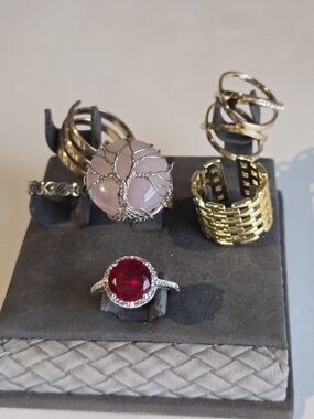 Goldtone, Pink Tree of Life Statement Ring, Gold Accent Bands